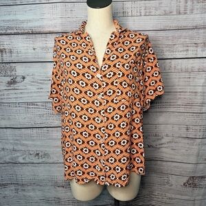 Self Esteem XL Retro Vintage Style Orange and Brown Floral Funky Rayon Blouse